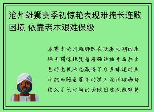 沧州雄狮赛季初惊艳表现难掩长连败困境 依靠老本艰难保级